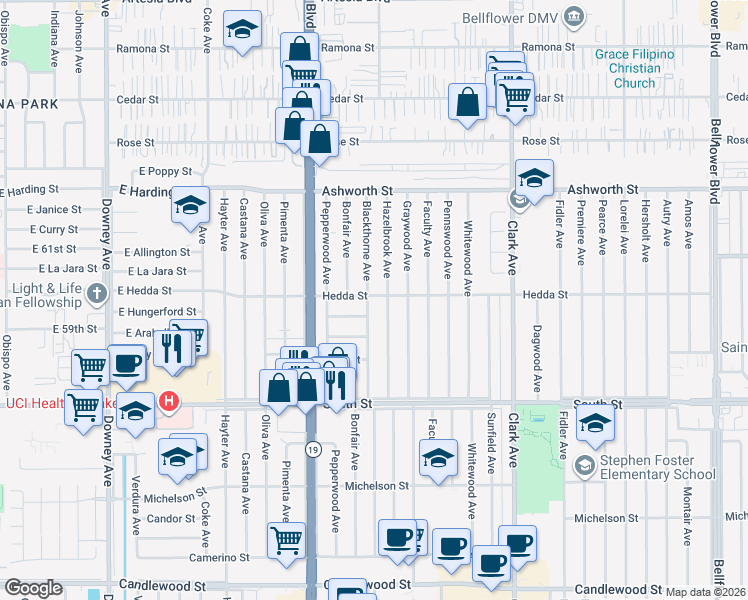 map of restaurants, bars, coffee shops, grocery stores, and more near 4506 Hedda Street in Lakewood