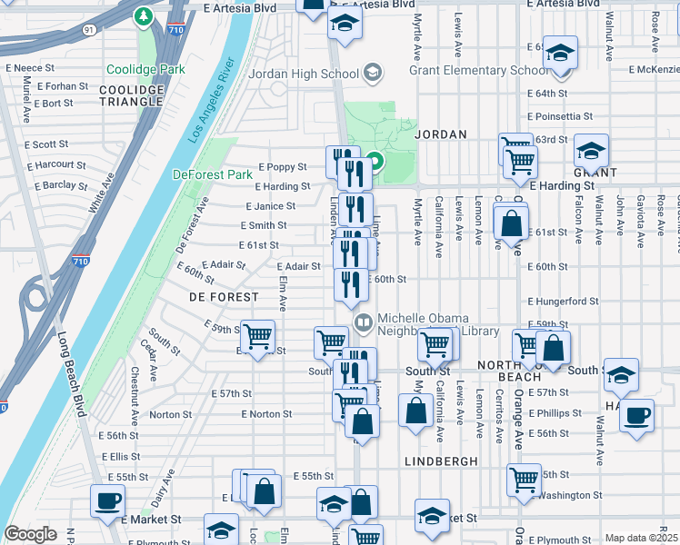 map of restaurants, bars, coffee shops, grocery stores, and more near 6010 Linden Avenue in Long Beach