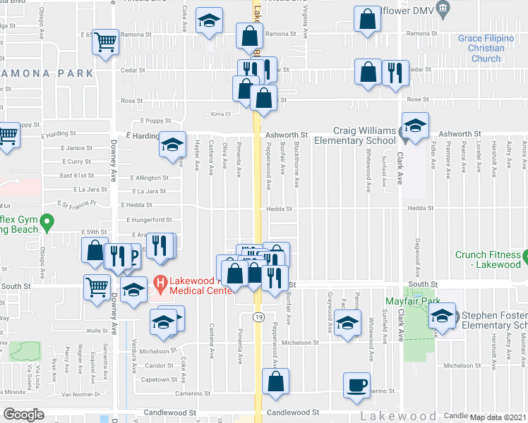 map of restaurants, bars, coffee shops, grocery stores, and more near 5975 Pepperwood Avenue in Lakewood