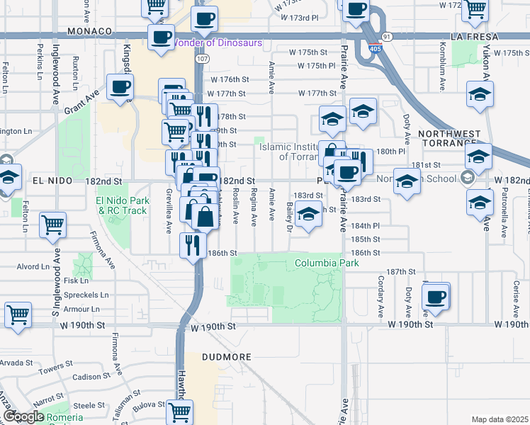 map of restaurants, bars, coffee shops, grocery stores, and more near 18339 Amie Avenue in Torrance