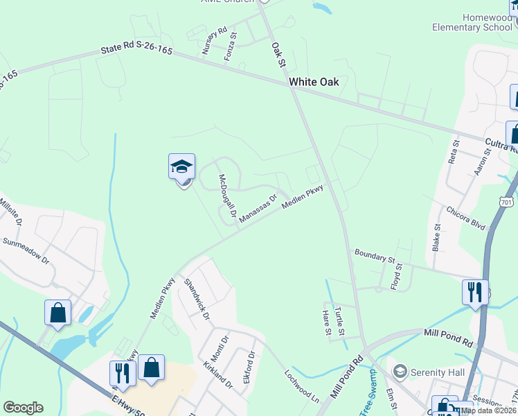 map of restaurants, bars, coffee shops, grocery stores, and more near 1052 Manassas Drive in Conway