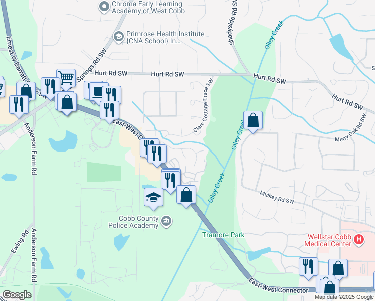 map of restaurants, bars, coffee shops, grocery stores, and more near 2213 Asquith Avenue Southwest in Marietta