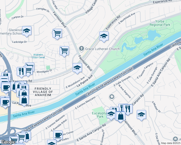 map of restaurants, bars, coffee shops, grocery stores, and more near 6316 East Woodsboro Avenue in Anaheim