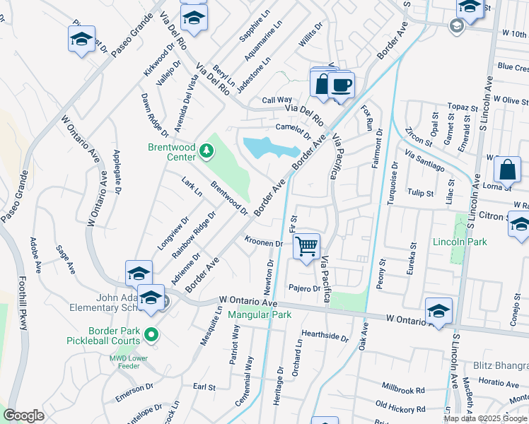 map of restaurants, bars, coffee shops, grocery stores, and more near 1599 Border Avenue in Corona