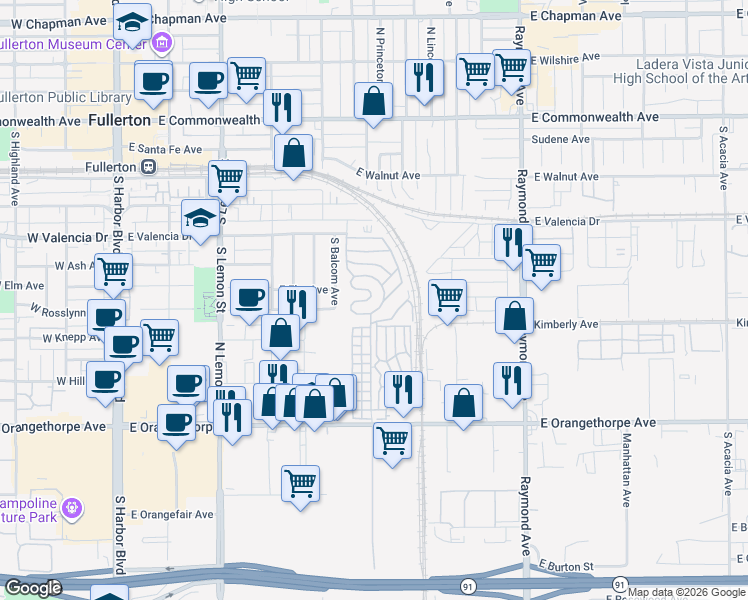 map of restaurants, bars, coffee shops, grocery stores, and more near 24 Pine Via in Anaheim