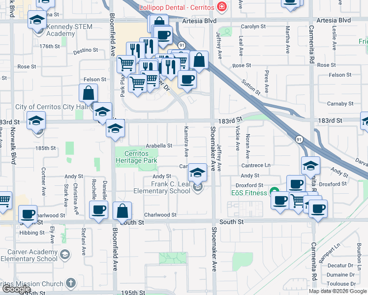 map of restaurants, bars, coffee shops, grocery stores, and more near 18505 Kamstra Avenue in Cerritos