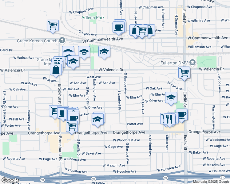 map of restaurants, bars, coffee shops, grocery stores, and more near 600 South Lambert Drive in Fullerton
