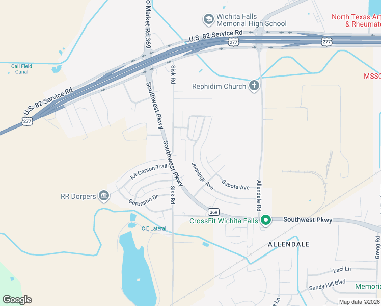 map of restaurants, bars, coffee shops, grocery stores, and more near 4516 Jennings Avenue in Wichita Falls
