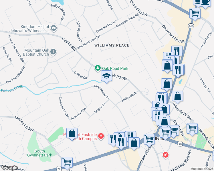 map of restaurants, bars, coffee shops, grocery stores, and more near 2001 Hemlock Trail Southwest in Snellville