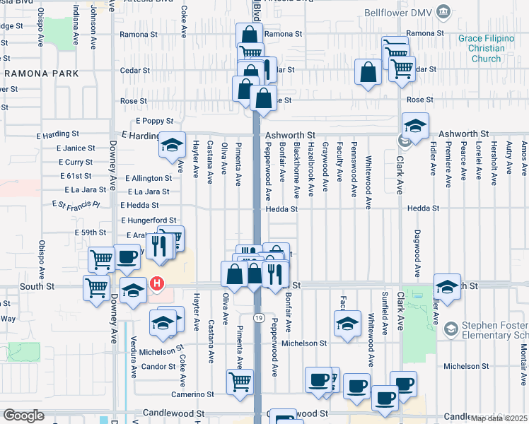 map of restaurants, bars, coffee shops, grocery stores, and more near 5975 Pepperwood Avenue in Lakewood