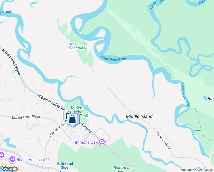 map of restaurants, bars, coffee shops, grocery stores, and more near 80 Cape Creek Road in Bald Head Island