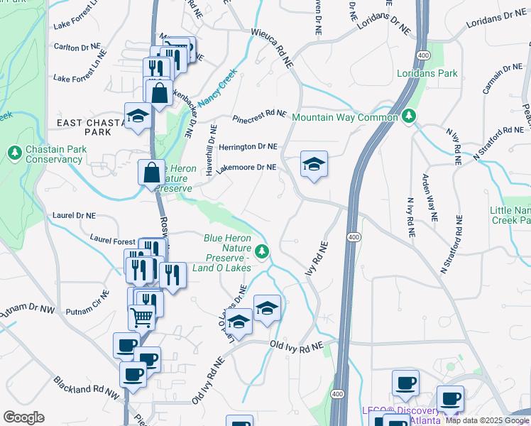 map of restaurants, bars, coffee shops, grocery stores, and more near 486 Emily Reed Lane in Atlanta