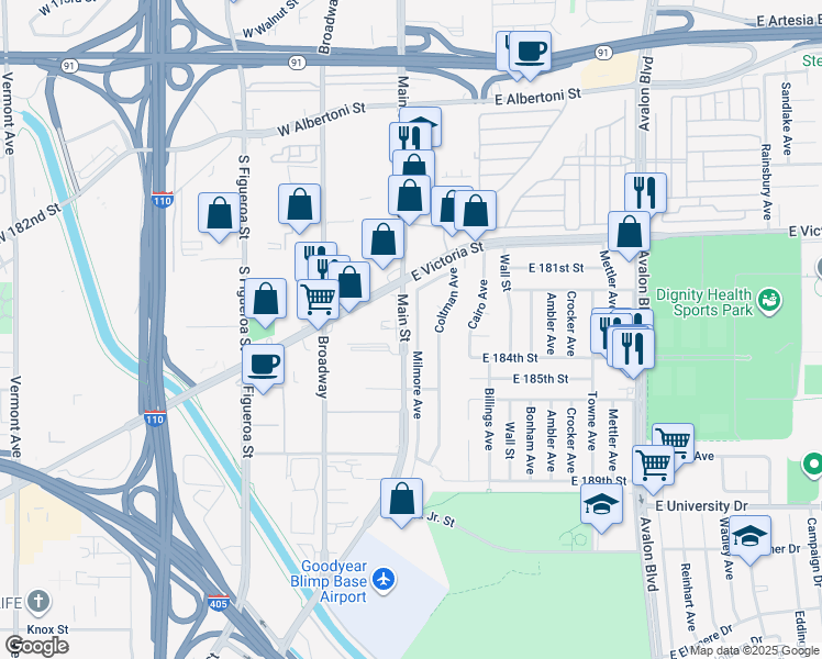 map of restaurants, bars, coffee shops, grocery stores, and more near 18317 Milmore Avenue in Carson