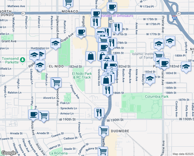 map of restaurants, bars, coffee shops, grocery stores, and more near 18325 Grevillea Avenue in Redondo Beach