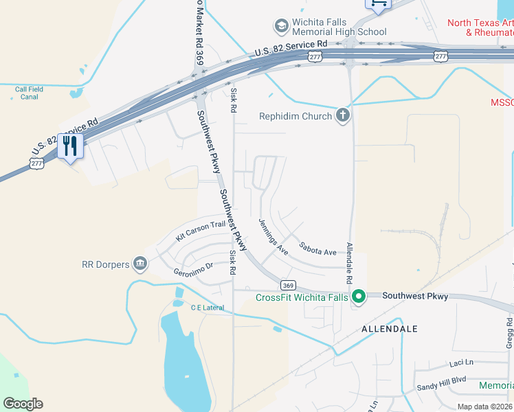 map of restaurants, bars, coffee shops, grocery stores, and more near 4516 Jennings Avenue in Wichita Falls
