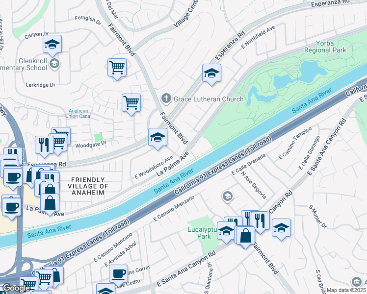 map of restaurants, bars, coffee shops, grocery stores, and more near 6316 East Woodsboro Avenue in Anaheim