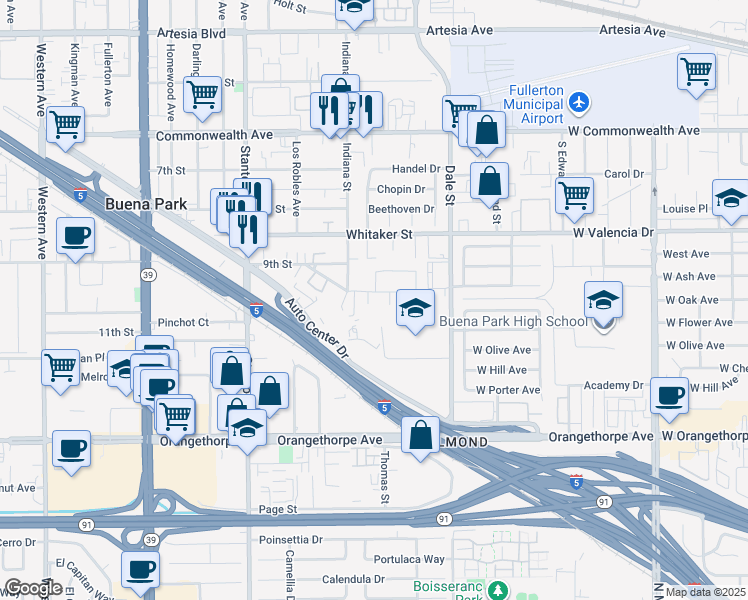 map of restaurants, bars, coffee shops, grocery stores, and more near 6582 Arizona Street in Buena Park