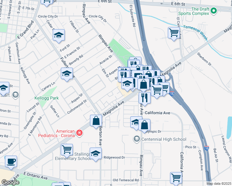 map of restaurants, bars, coffee shops, grocery stores, and more near 1169 Laurel Leaf Place in Corona