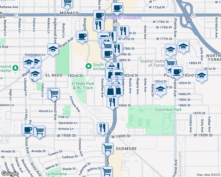 map of restaurants, bars, coffee shops, grocery stores, and more near 18313 Hawthorne Boulevard in Redondo Beach