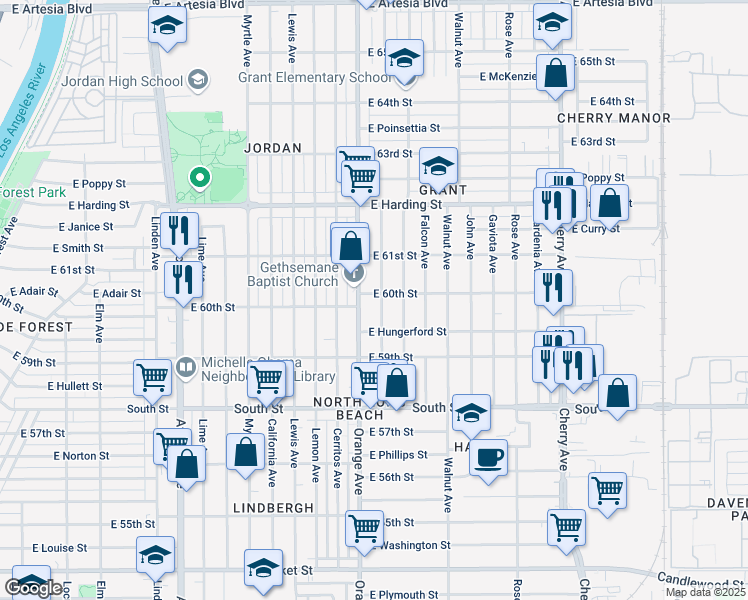 map of restaurants, bars, coffee shops, grocery stores, and more near 1220 East 60th Street in Long Beach