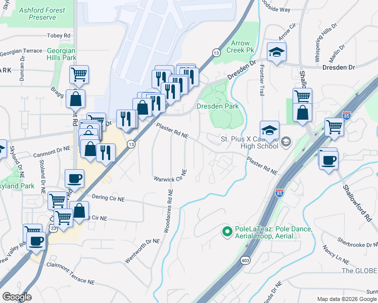 map of restaurants, bars, coffee shops, grocery stores, and more near 2474 Warwick Circle Northeast in Atlanta