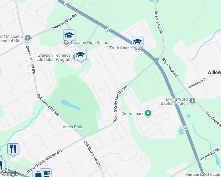 map of restaurants, bars, coffee shops, grocery stores, and more near 3304 Hideaway Lane in Loganville