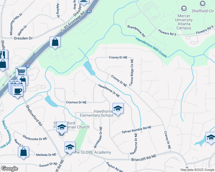 map of restaurants, bars, coffee shops, grocery stores, and more near 2677 Hawthorne Drive Northeast in Atlanta