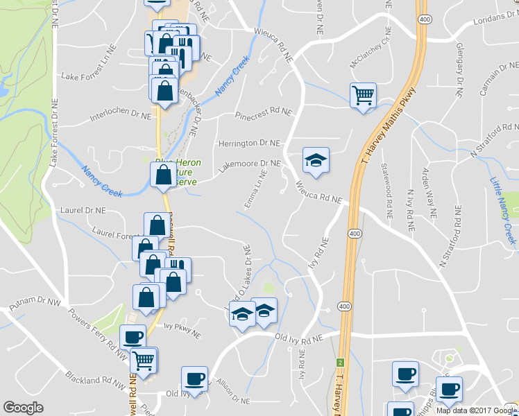 map of restaurants, bars, coffee shops, grocery stores, and more near 1 Emma Lane Northeast in Atlanta