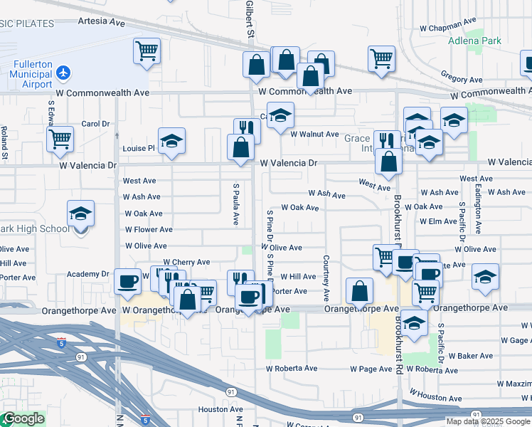 map of restaurants, bars, coffee shops, grocery stores, and more near 601 South Pine Drive in Fullerton