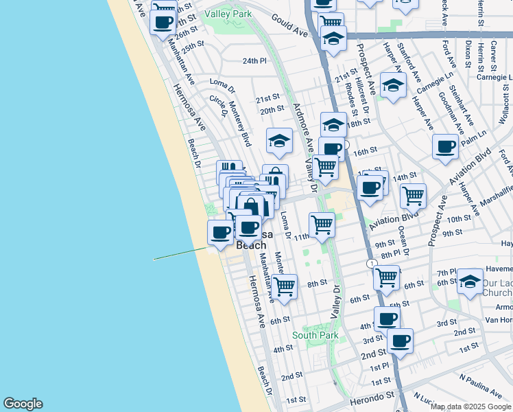 map of restaurants, bars, coffee shops, grocery stores, and more near 1414 Manhattan Avenue in Hermosa Beach