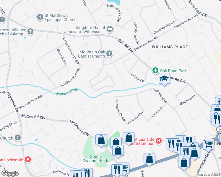 map of restaurants, bars, coffee shops, grocery stores, and more near 3115 Oak Meadow Drive in Snellville