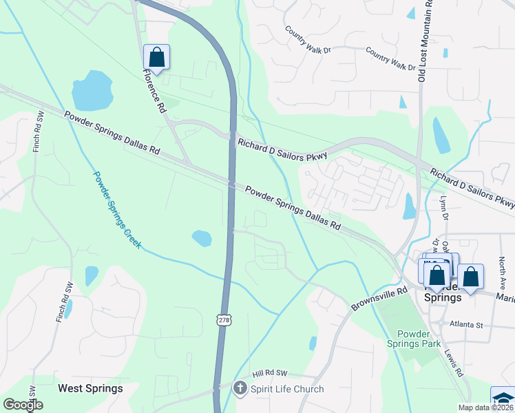 map of restaurants, bars, coffee shops, grocery stores, and more near C.H. James Parkway in Powder Springs