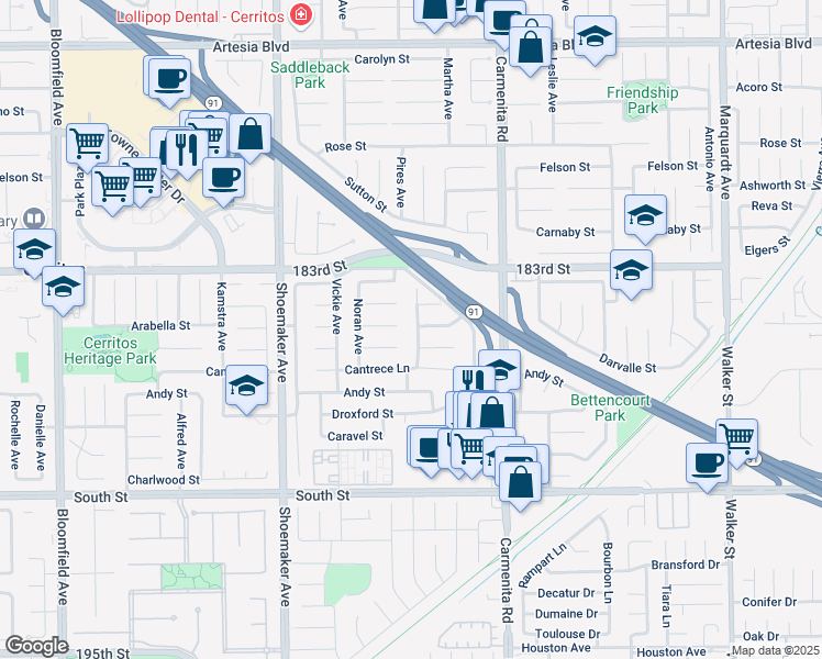 map of restaurants, bars, coffee shops, grocery stores, and more near 18501 Cecelia Way in Cerritos