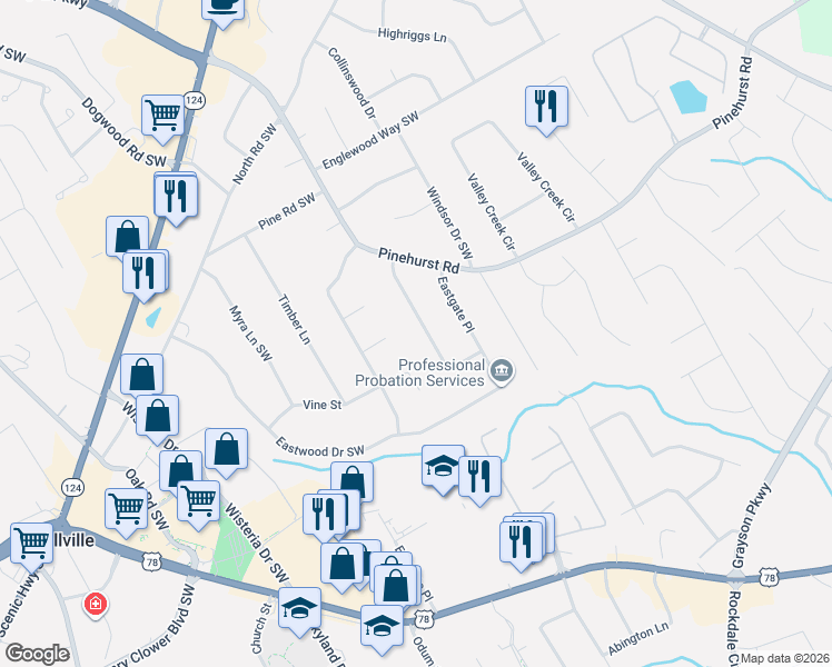 map of restaurants, bars, coffee shops, grocery stores, and more near 2281 Kimberley Way Southwest in Snellville