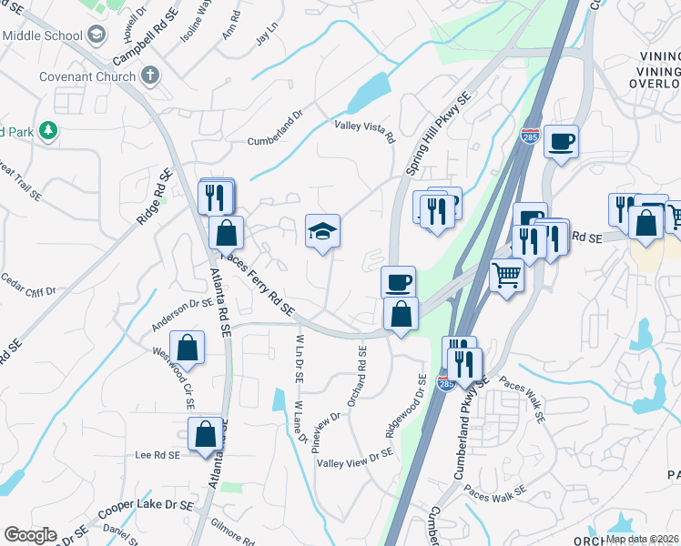 map of restaurants, bars, coffee shops, grocery stores, and more near 3687 Spring Hill Road Southeast in Smyrna