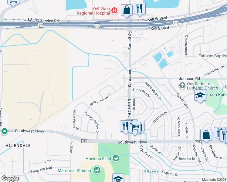 map of restaurants, bars, coffee shops, grocery stores, and more near 4501 Trailwood Drive in Wichita Falls