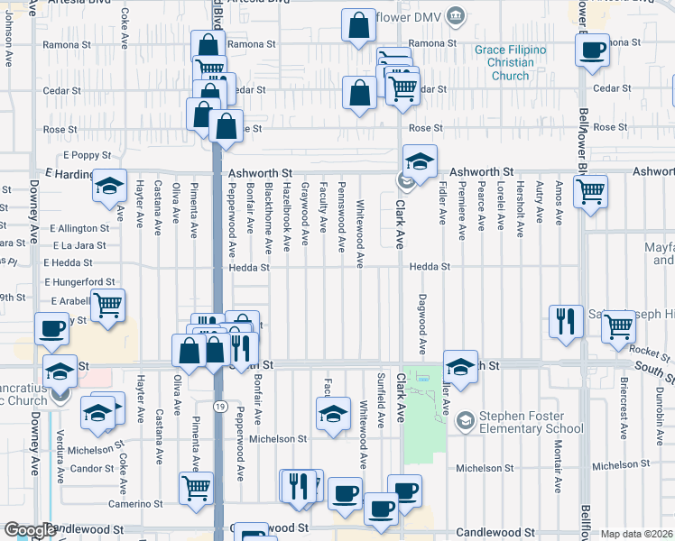 map of restaurants, bars, coffee shops, grocery stores, and more near 4814 Hedda Street in Lakewood
