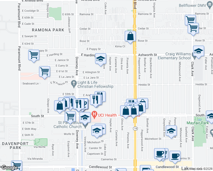 map of restaurants, bars, coffee shops, grocery stores, and more near 5970 Coke Avenue in Long Beach