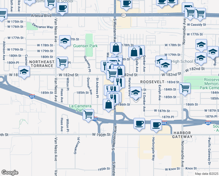 map of restaurants, bars, coffee shops, grocery stores, and more near 18333 South Western Avenue in Torrance