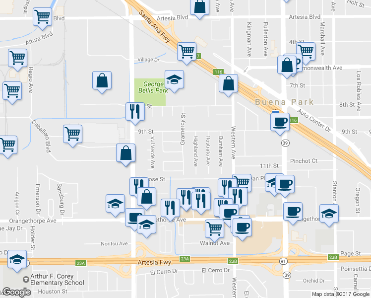 map of restaurants, bars, coffee shops, grocery stores, and more near 6644 Gramercy Street in Buena Park