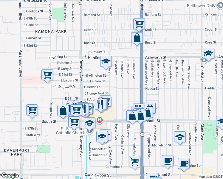 map of restaurants, bars, coffee shops, grocery stores, and more near 5970 Coke Avenue in Long Beach