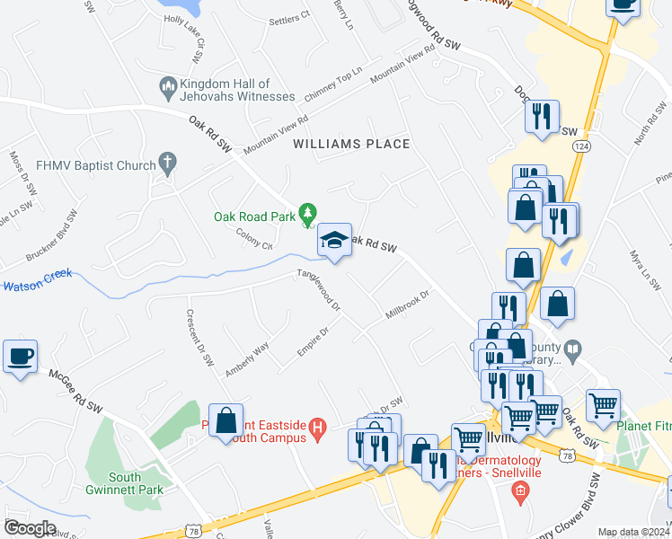 map of restaurants, bars, coffee shops, grocery stores, and more near  in Snellville
