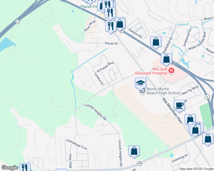 map of restaurants, bars, coffee shops, grocery stores, and more near 3233 Lyndon Drive in Little River