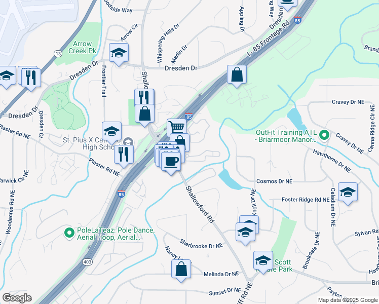 map of restaurants, bars, coffee shops, grocery stores, and more near 2565 Shallowford Road Northeast in Atlanta