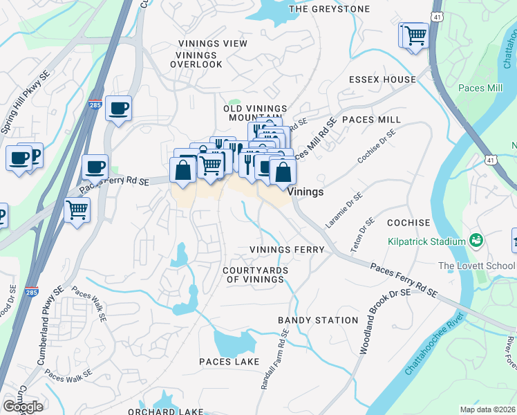 map of restaurants, bars, coffee shops, grocery stores, and more near 3610 Tanglewood Drive in Atlanta