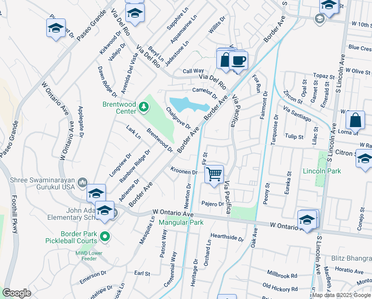 map of restaurants, bars, coffee shops, grocery stores, and more near 1411 Brentwood Drive in Corona