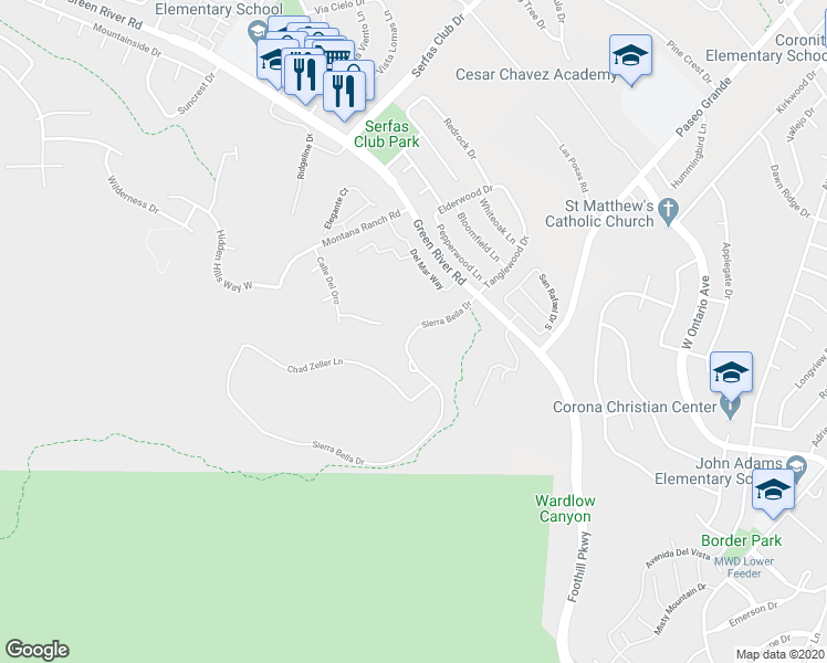 map of restaurants, bars, coffee shops, grocery stores, and more near 2507 Camino Del Plata in Corona