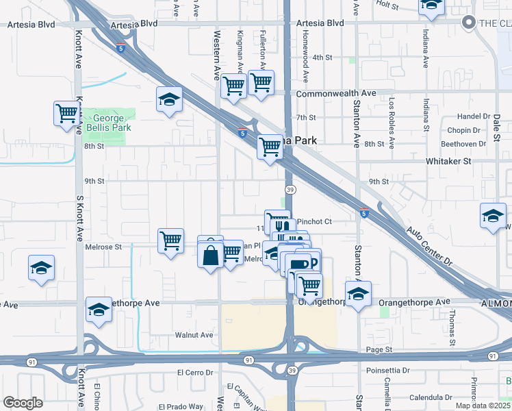 map of restaurants, bars, coffee shops, grocery stores, and more near 7601 10th Street in Buena Park
