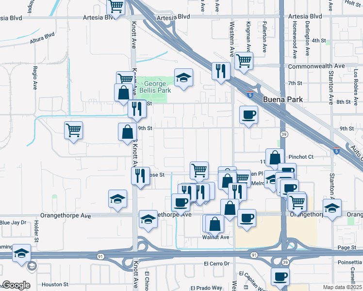 map of restaurants, bars, coffee shops, grocery stores, and more near 6644 Gramercy Street in Buena Park