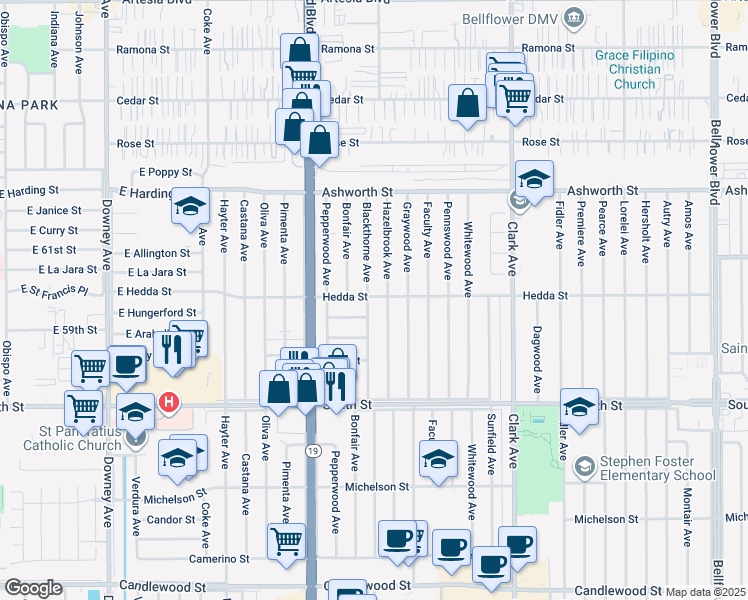 map of restaurants, bars, coffee shops, grocery stores, and more near 4506 Hedda Street in Lakewood